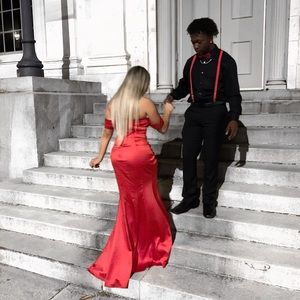 RED OFF THE SHOULDER DRESS WITH SLIT